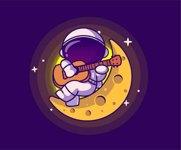 illustratie van astronaut mascotte gitaar spelen op de maan pictogram vector platte cartoon stijl