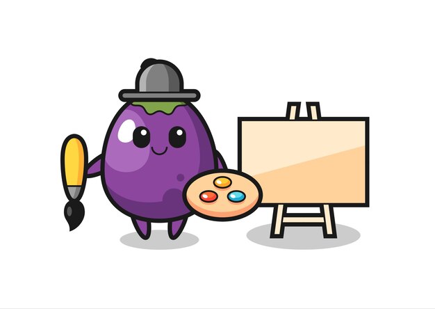 Illustratie van auberginemascotte als schilder