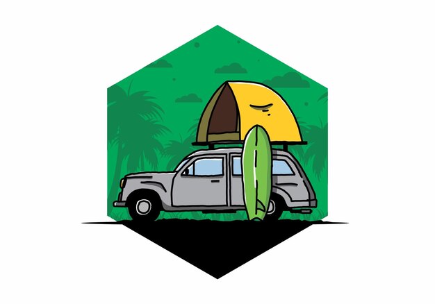 Vector illustratie van auto met een daktent en een surfplank aan de zijkant