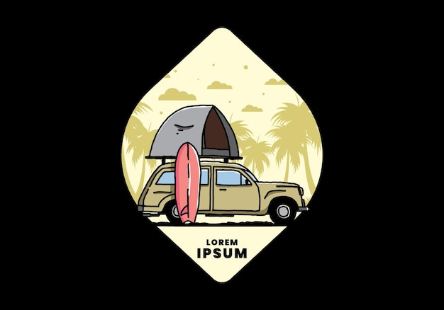 Illustratie van auto met een daktent en een surfplank aan de zijkant
