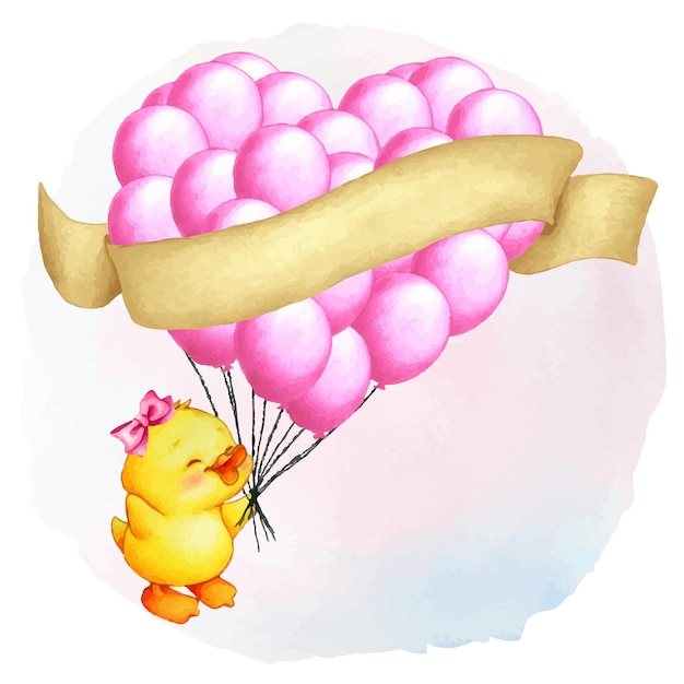 Illustratie van baby eendje met roze ballonnen