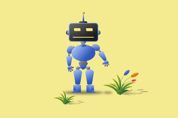 Vector illustratie van blauwe 3d robot met kleurrijke bloem en gras op gele achtergrond