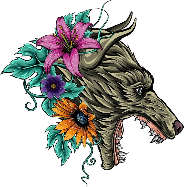 illustratie van bloemen en het hoofd van de wolf