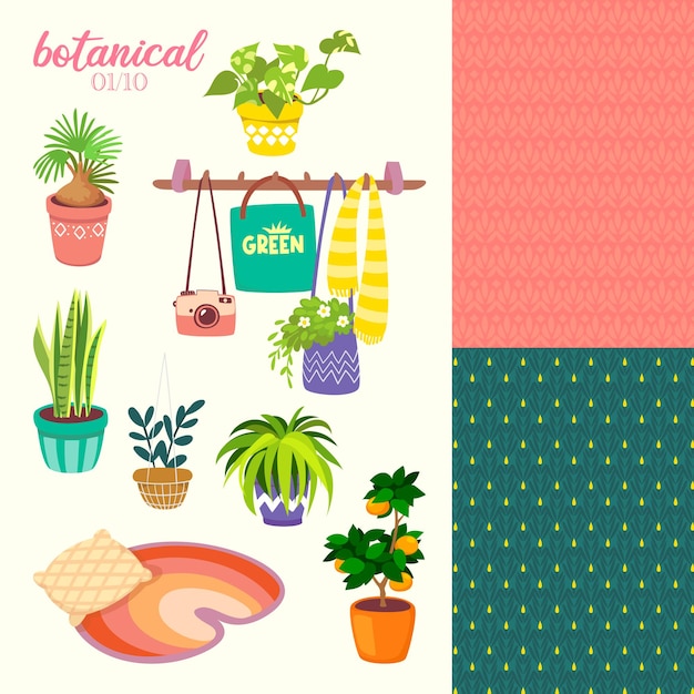 illustratie van botanische planten met interieur