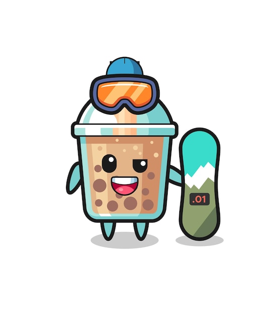 Illustratie van bubble tea-karakter met snowboardstijl, schattig stijlontwerp voor t-shirt, sticker, logo-element