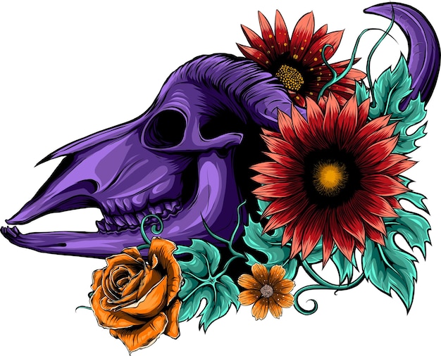 illustratie van Buffalo Skull en bloemen