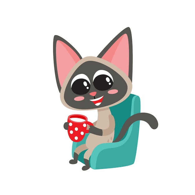 Illustratie van cartoon siamese grappige kat, schattig kitten karakter met kop warme melk