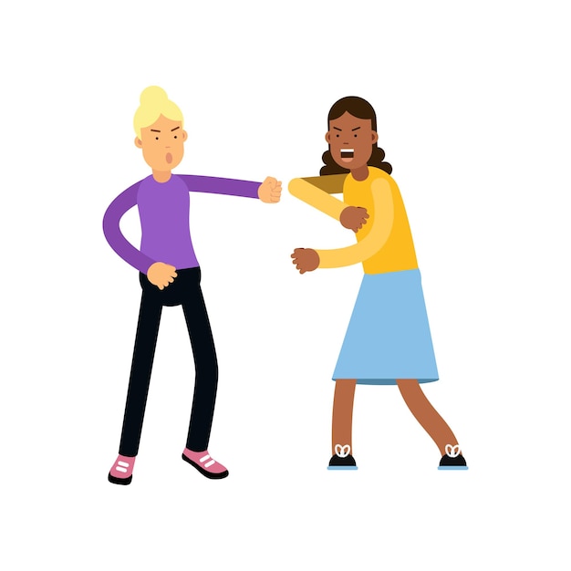 Vector illustratie van conflict tussen twee gekke vrouwen. cartoon boze mensen personages vechten en ruzie maken met elkaar. slecht gedrag. luid publiek schandaal. platte vector geïsoleerd op een witte achtergrond.