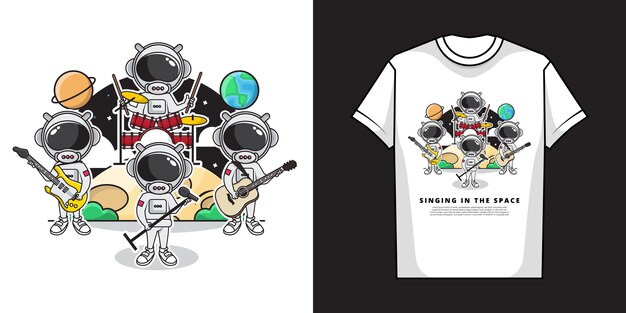 Illustratie van Cute Astronauts Concert Play Music and Singing in the Space met Full Band en T-Shirt Design