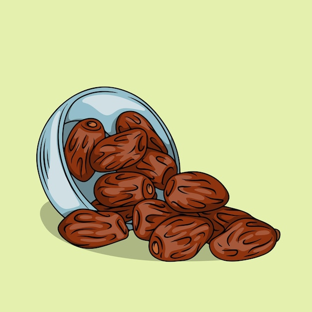 Illustratie van dadels die uit een schaal stromen