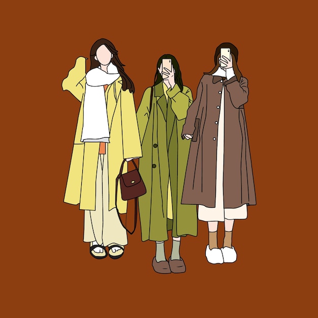Illustratie van dameskledingstijl in de winter op bruine achtergrond
