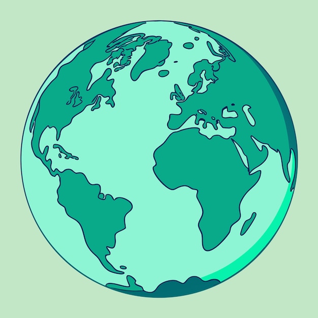 Illustratie van de aarde met blauwe en groene continenten, oceanen en een aardbol