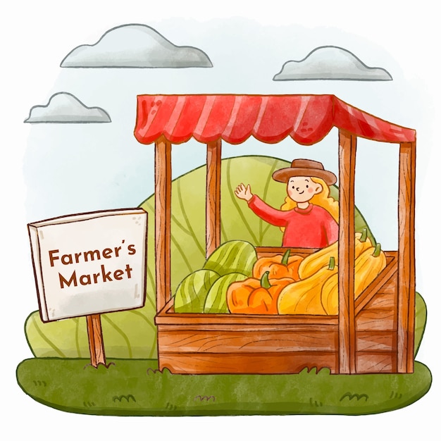 Illustratie van de aquarel boerenmarkt