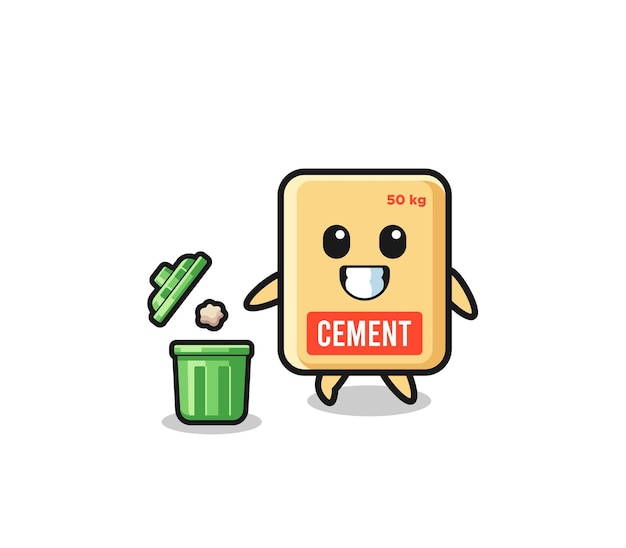 Illustratie van de cementzak die afval in de vuilnisbak gooit