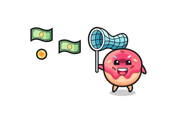 Illustratie van de donut die vliegend geld leuk ontwerp vangt