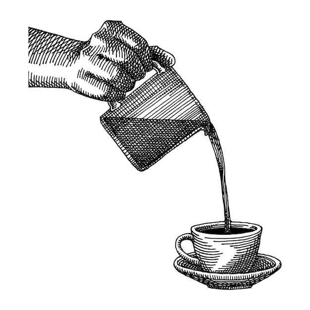 Illustratie van de hand die een kopje koffie schenkt