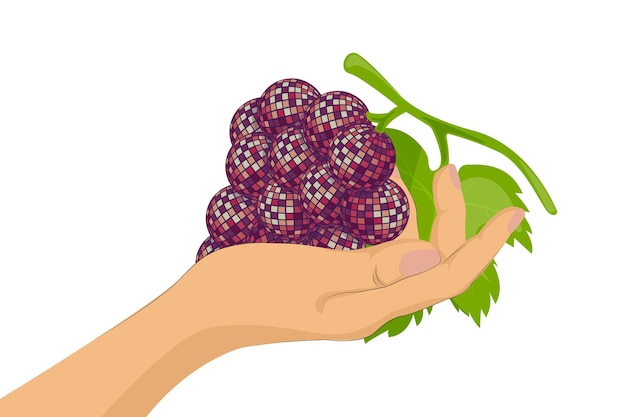 Illustratie van de hand van een vrouw die teder druiven vasthoudt. Vlakke stijl ontwerp Y2K