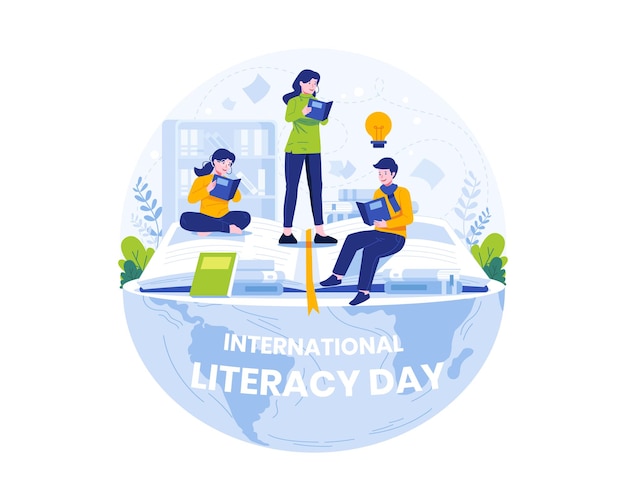 Illustratie van de internationale dag van het lezen en schrijven Jongeren vieren de dag van het schrijven en schrijven door boeken te lezen