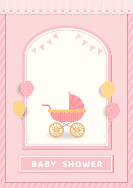 Illustratie van de kaart van de Babydouche met wandelwagen op roze achtergrond.