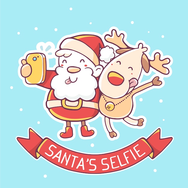 illustratie van de kerstman en rendieren maken selfie met rood lint