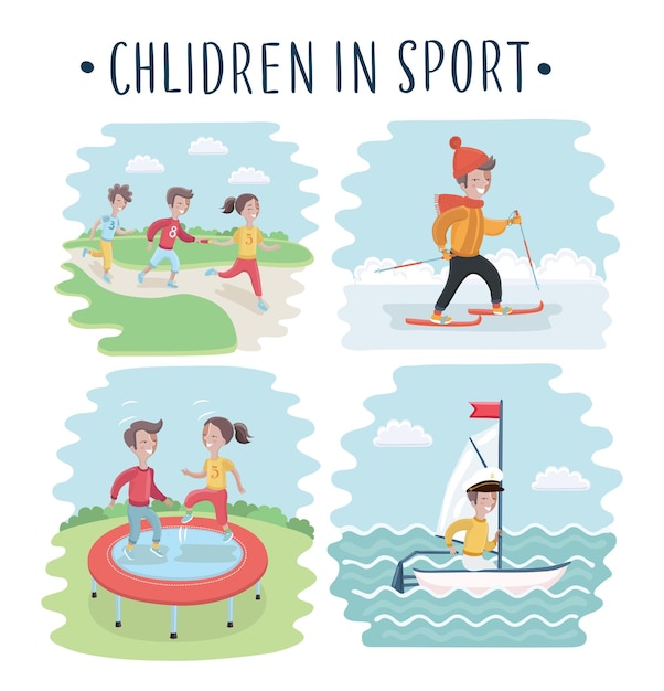 Illustratie van de kinderen die zich bezighouden met verschillende sportactiviteiten op een witte achtergrond