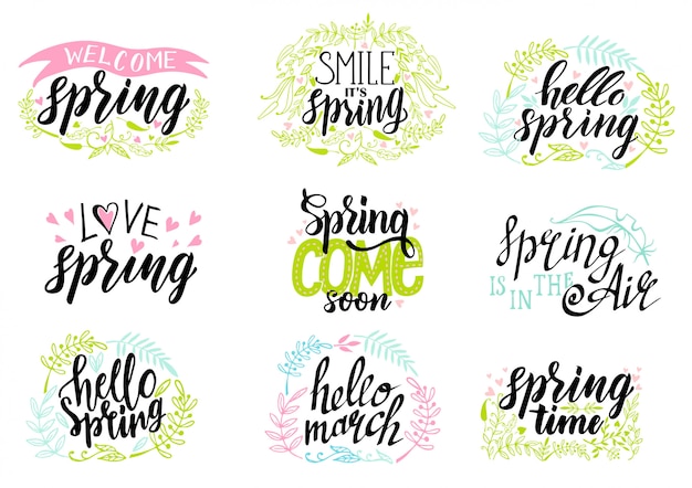 illustratie van de lente belettering geïsoleerde set met decoratieve elementen van bloemen, planten, veren, harten