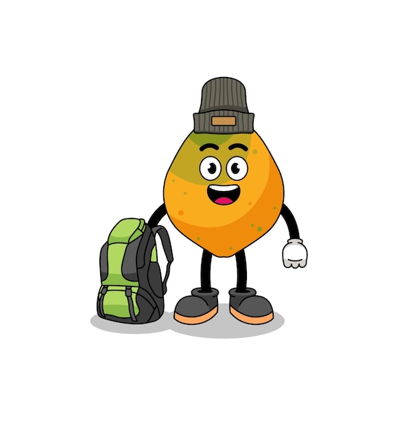 Illustratie van de mascotte van het papajafruit als karakterontwerp voor een wandelaar