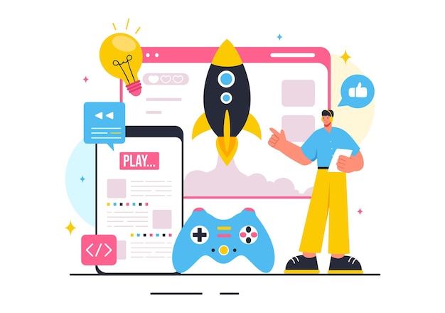 Illustratie van de ontwikkeling van videogames met games Digitale technologie Programmeren en coderen in een platte stijl Cartoon achtergrond