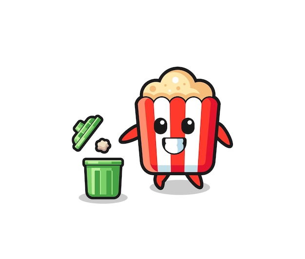 Illustratie van de popcorn die afval in de vuilnisbak gooit, schattig ontwerp