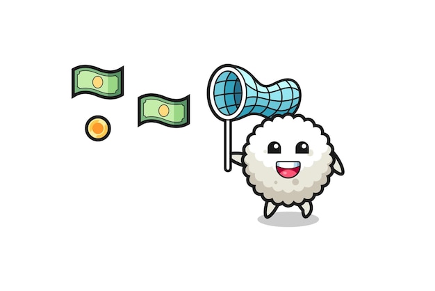 Illustratie van de rijstbal die vliegend geld leuk ontwerp vangt