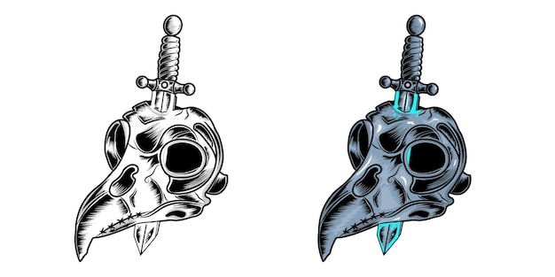 Illustratie van de tekening van de uilschedel met schets en volledige kleur voor posters of kledingontwerpen