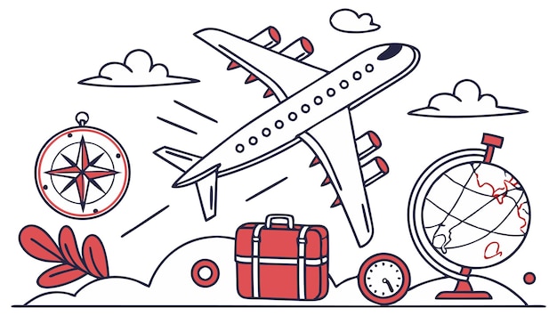 Illustratie van de vectorlijn van het reiselement van het vliegtuig