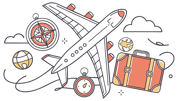 Illustratie van de vectorlijn van het reiselement van het vliegtuig