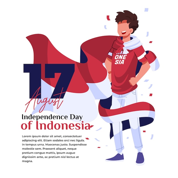 Vector illustratie van de viering van de indonesische onafhankelijkheid een jonge man die een rood-witte vlag draagt