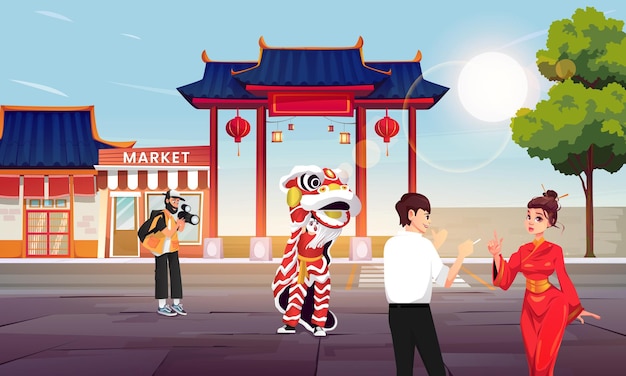 Illustratie van de viering van het Chinese Nieuwjaar