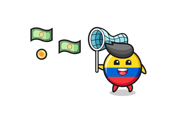 Illustratie van de vlag van Colombia die vliegend geld leuk ontwerp vangt