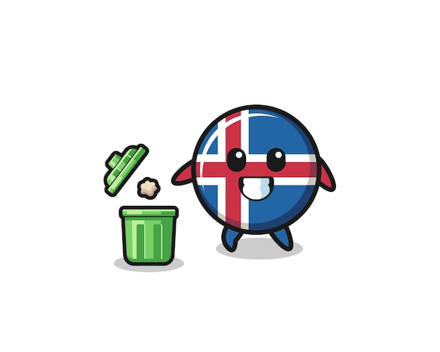Illustratie van de vlag van ijsland die afval in de vuilnisbak gooit