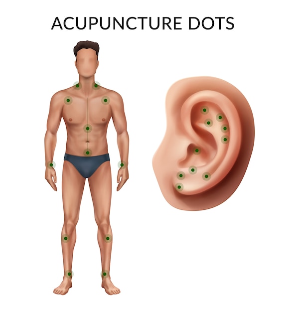 Illustratie van de voorkant van het menselijk lichaam en oor met acupunctuurpunten
