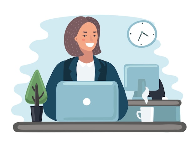 illustratie van de vrouw in kantoorwerk op haar laptop.
