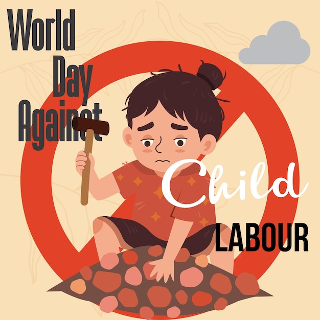 Vector illustratie van de werelddag tegen kinderarbeid met het verbod op het slaan van stenen door kinderen