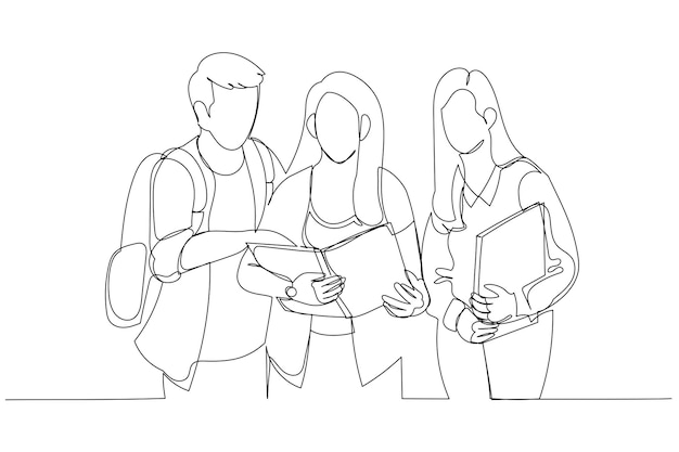 Illustratie van drie studenten die leren een notitieboekje te lezen en commentaar te geven op straat Kunststijl met één lijn