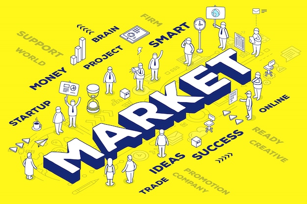 Vector illustratie van driedimensionale woordmarkt met mensen en tags op gele achtergrond met regeling.