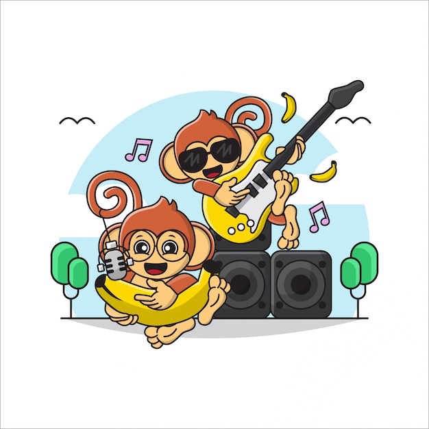 Illustratie van Duo / Groep Leuke Aap die Muziek speelt en zingt met Instrumentale Gitaar en Banaan.