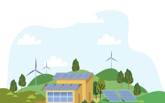 Vector illustratie van duurzaamheid door middel van windmolens en een huis met zonnepanelen