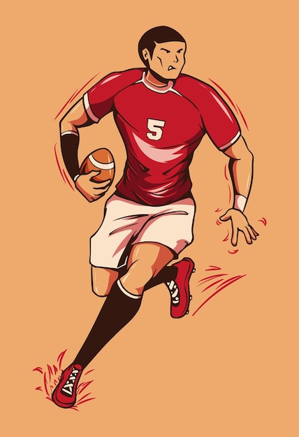 Illustratie van een Amerikaanse voetballer die loopt, brengt bal met handgetekende stijl