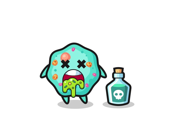 Illustratie van een amoebe-personage dat braakt als gevolg van vergiftiging, schattig stijlontwerp voor t-shirt, sticker, logo-element