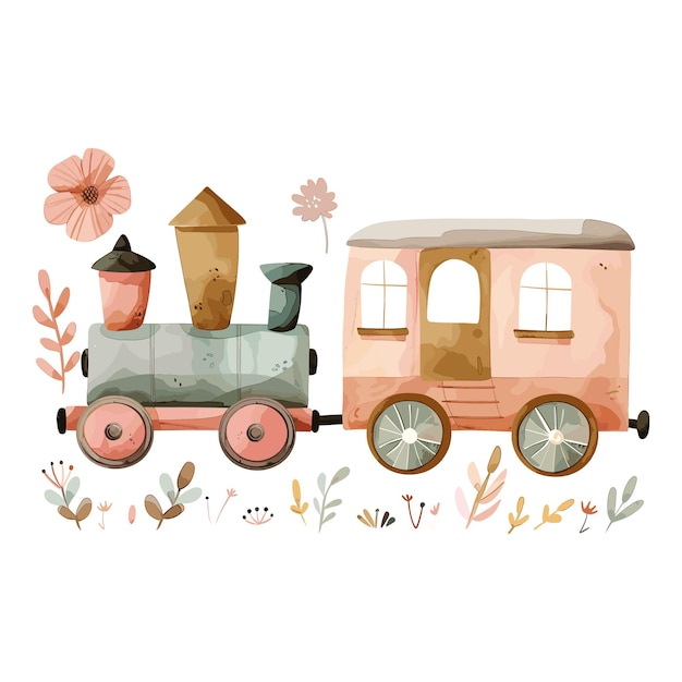 Vector illustratie van een aquareltrein met bloemenelementen