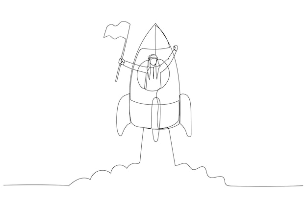 Illustratie van een arabische man met vlag op een raket die wordt gelanceerd Enkele ononderbroken lijntekeningen