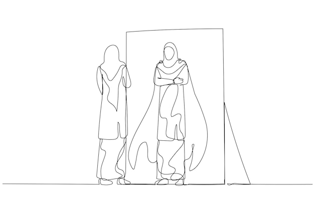 Illustratie van een arbeider die naar een vrouw kijkt en een hijab-versie van zichzelf draagt in de spiegel Ononderbroken lijn kunststijl