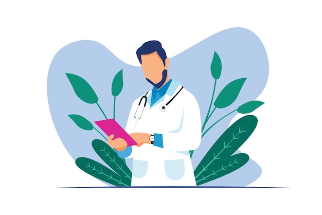 Illustratie van een arts met een laboratoriumjas die een klembord vasthoudt
